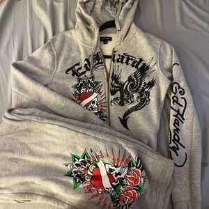 Ed Hardy Light Gray Hoodie and Sweatpants with Graphic Design